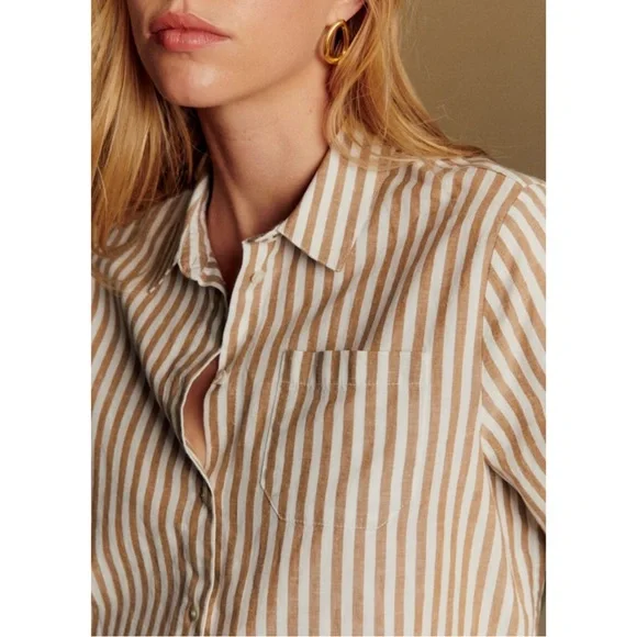 SEZANE Camel Tan & White Ecru Linen Cotton Striped Button Down Tomboy Shirt - Picture 10 of 17
